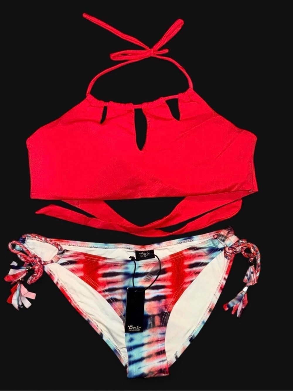 Love The Journey multi-colored tie- dye Bikini Bottom with fringe key hole